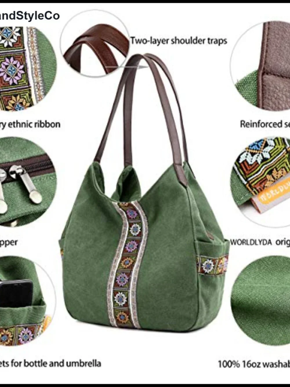 Canvas Hobo Purse Multi Pocket Tote Shoulder Bag Embroidery Ethnic